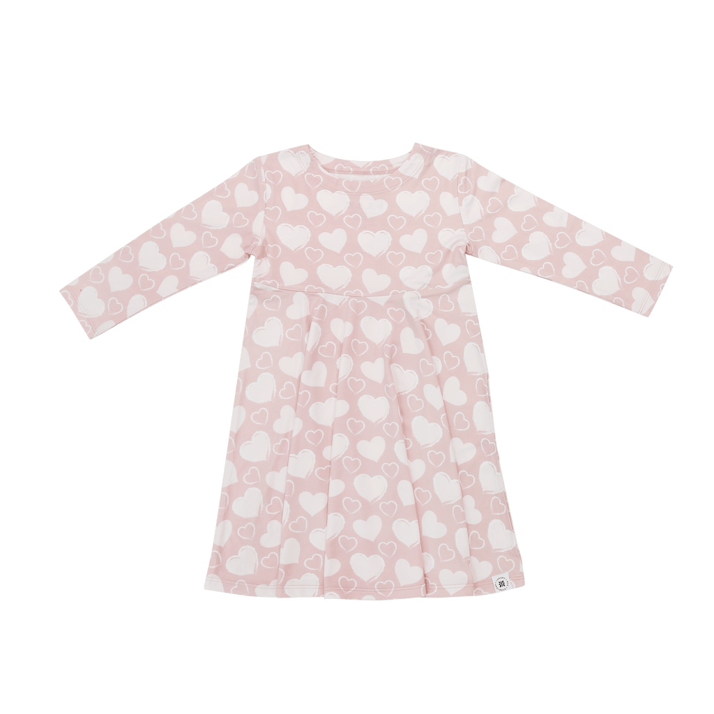 Girl swirly dress, long sleeves, pink with white heart print, A-line