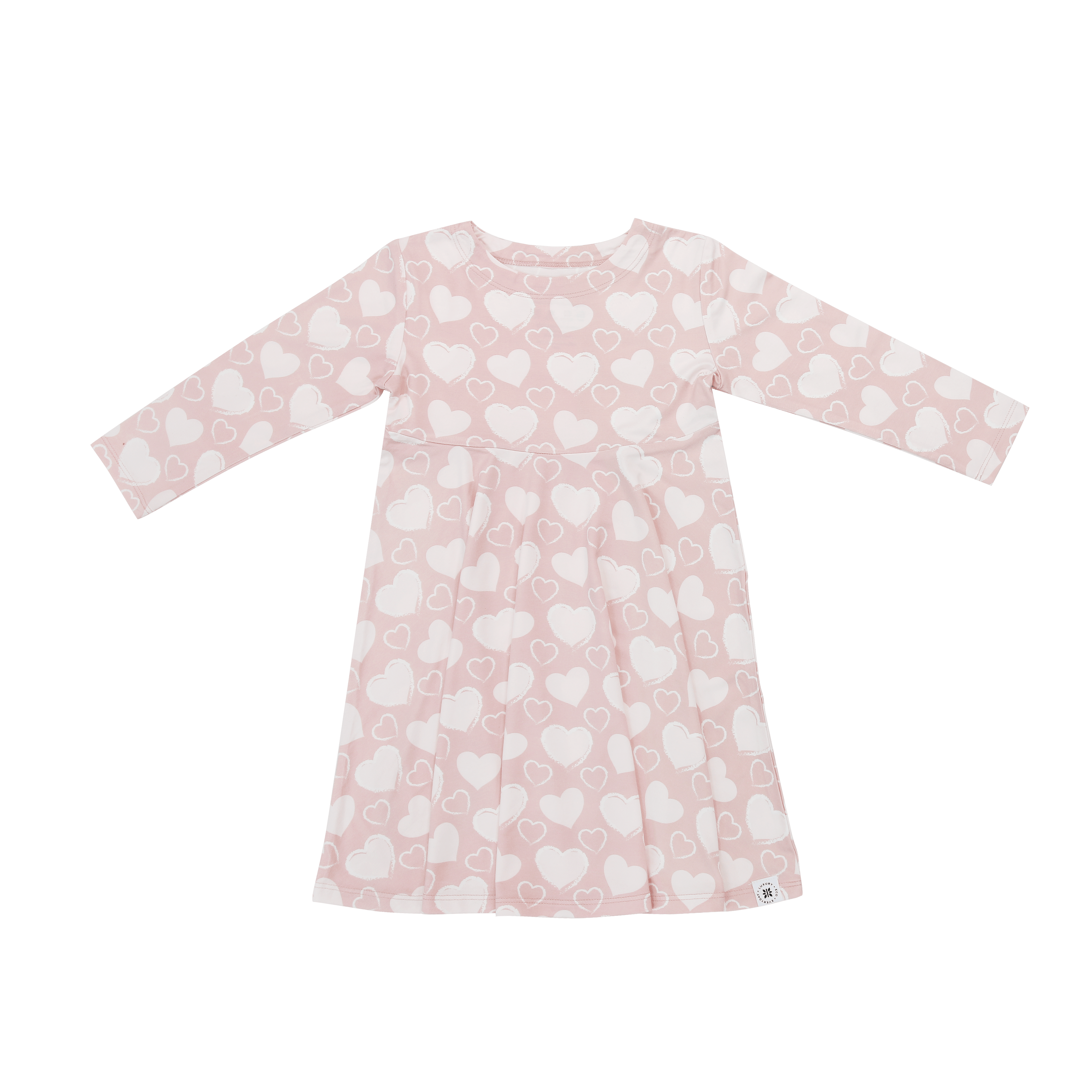 Girl swirly dress, long sleeves, pink with white heart print, A-line