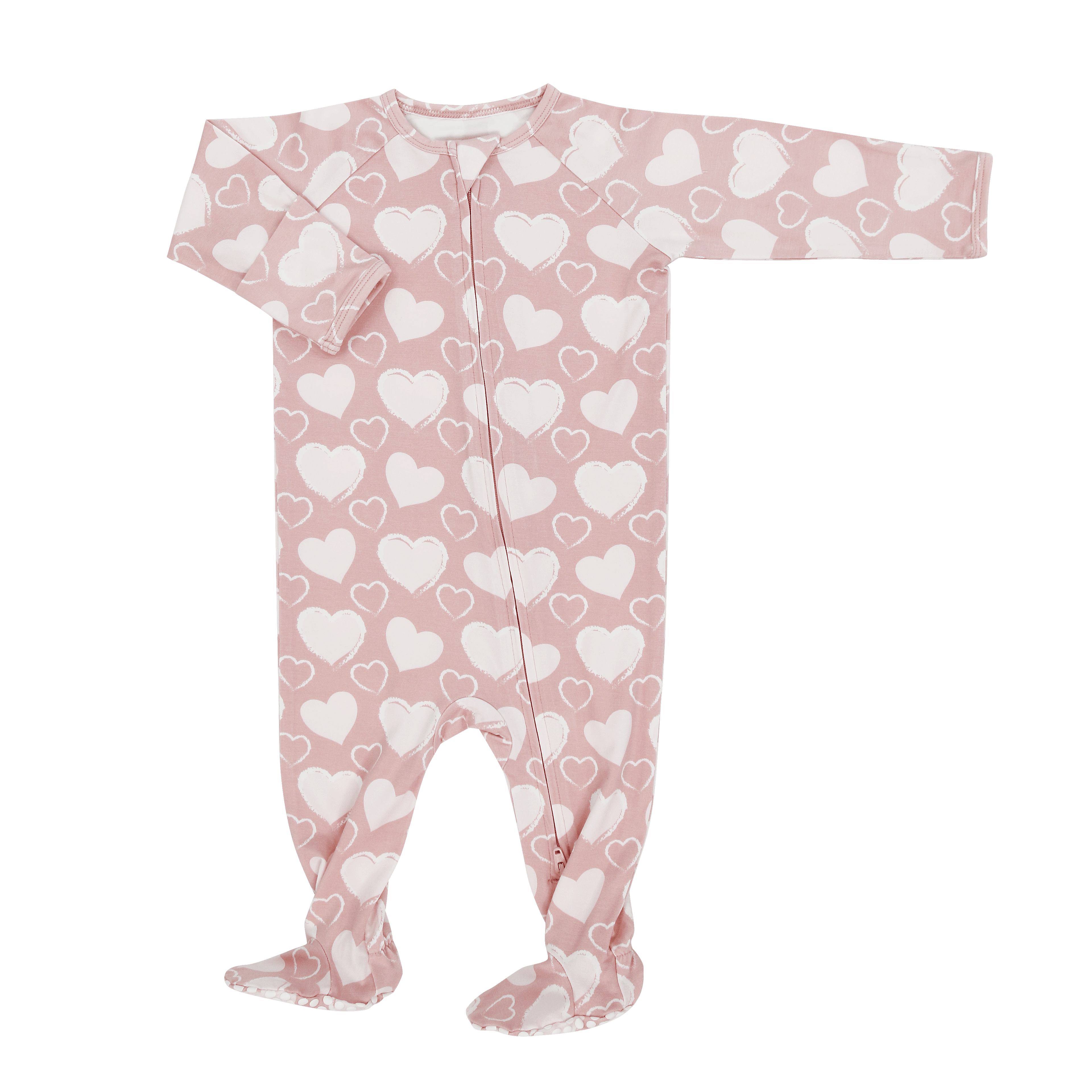 Pink heart-pattern long-sleeve zipper footie with footed cuffs