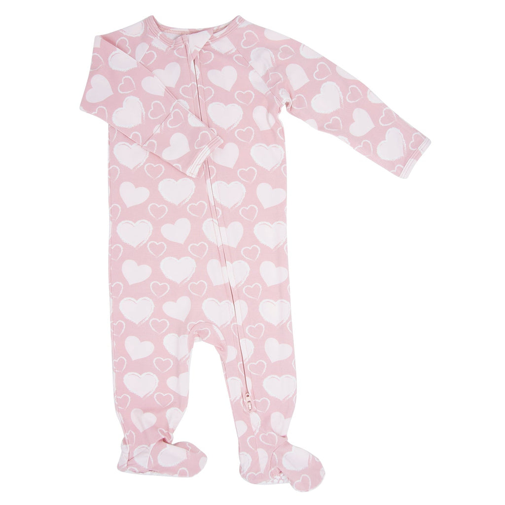 Pink heart-pattern zipper footie, long sleeves and covered feet