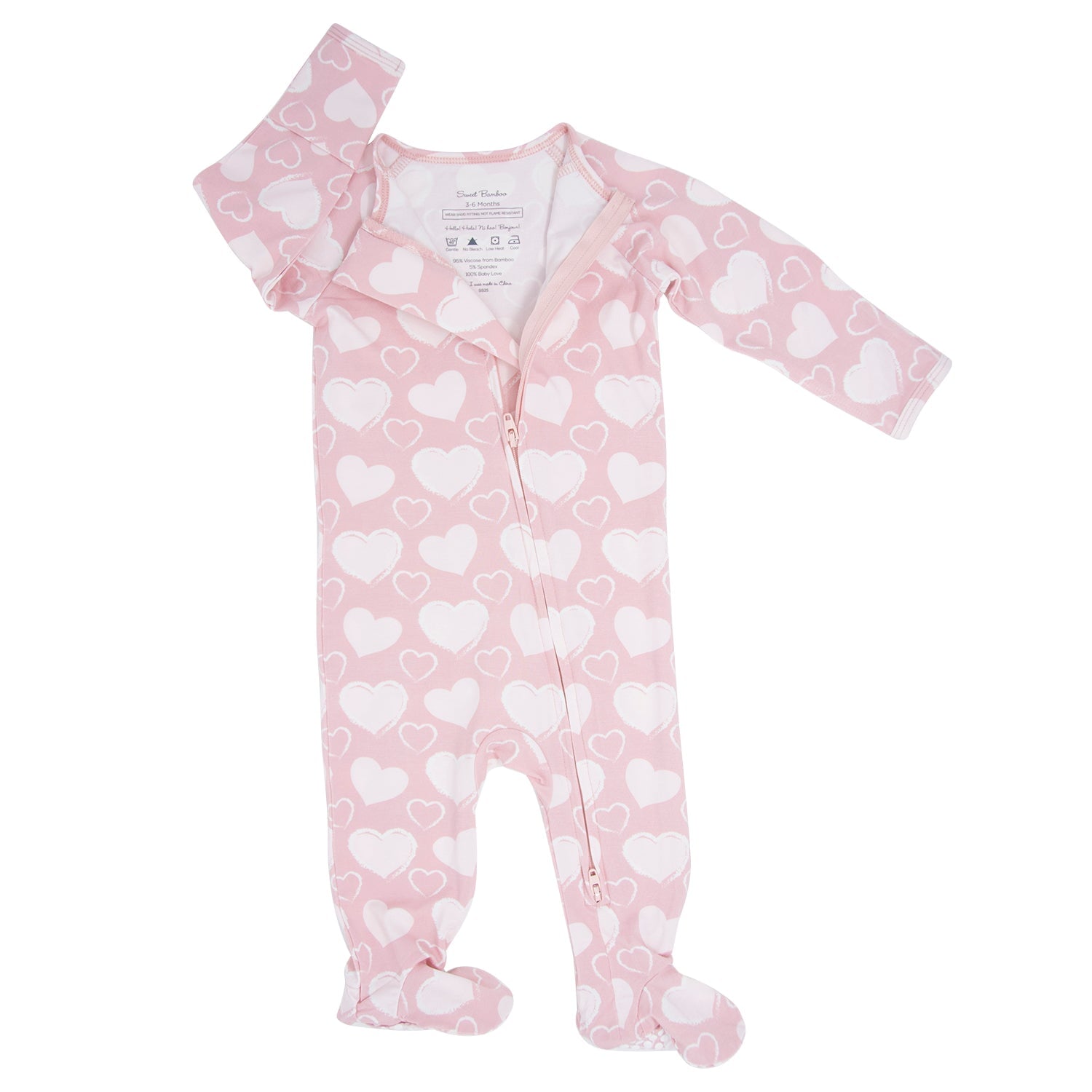 Pink heart-pattern zipper footie with long sleeves and front zip