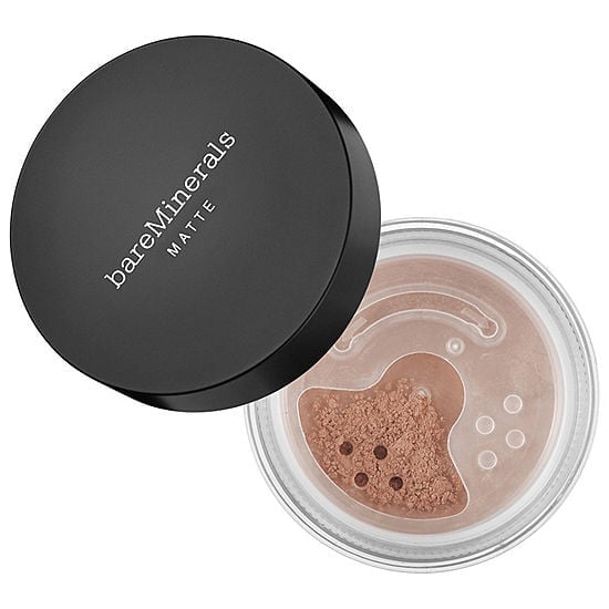 bareMinerals matte foundation compact with open clear pan and light beige powder.