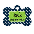 Personalized navy pet bone tag with star pattern, lime border, name Jack and phone number