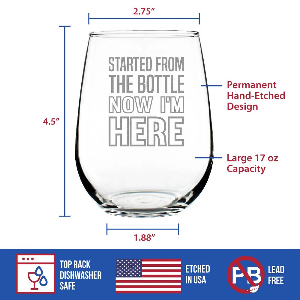 Started From the Bottle – Cute Funny Stemless Wine Glass, Large 17 Ounces, Etched Sayings, Gift Box