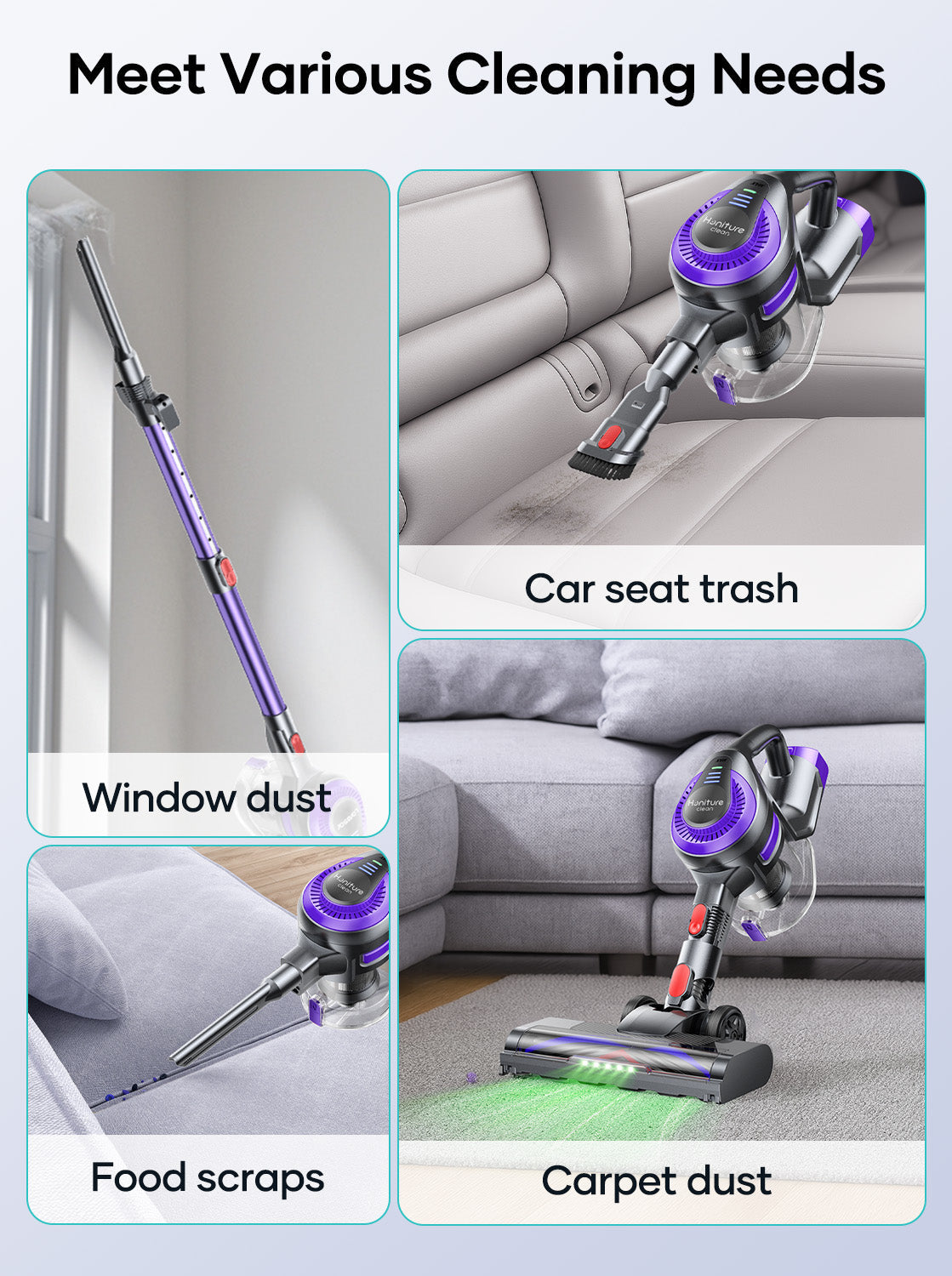 Cordless stick vacuum with multi-surface cleaning attachments for car and sofa