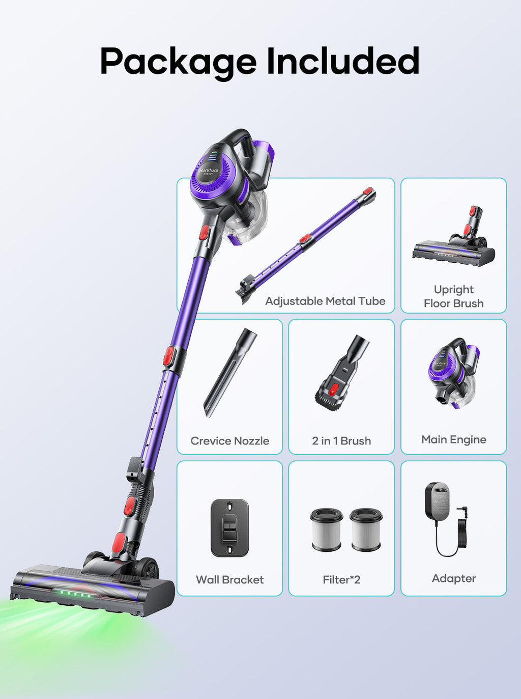 Cordless stick vacuum package contents including floor tool, crevice nozzle, and adapters