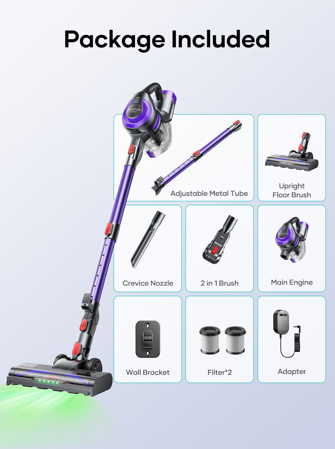 Cordless vacuum bundle accessories set with main engine, tubes, brushes, filters