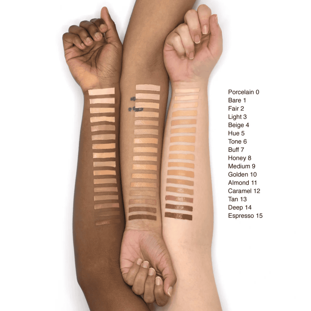 Foundation and concealer shade swatches on forearms, with color bars and labels
