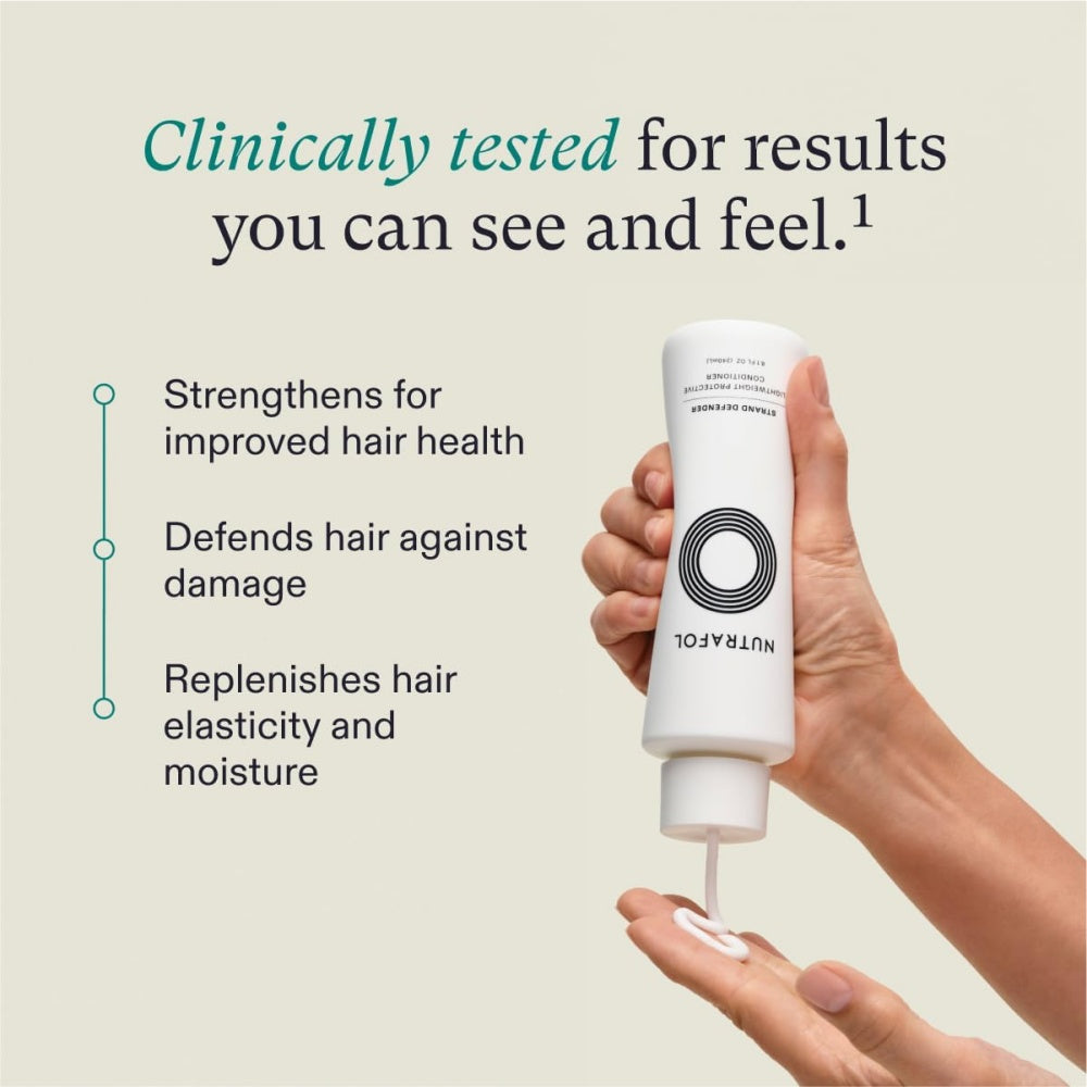 NUTRAFOL Strand Defender lightweight protective conditioner bottle with hand