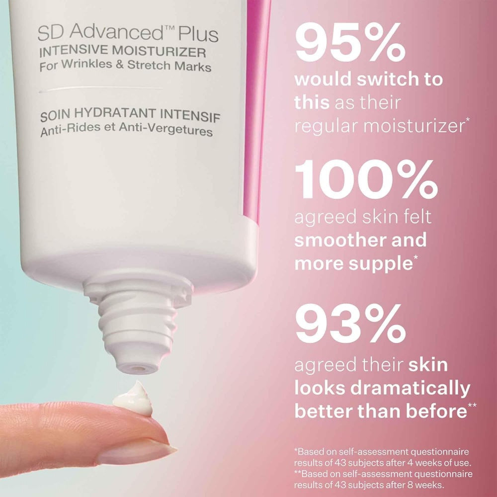SD Advanced Plus moisturizing tube with percent claims for wrinkles and stretch marks