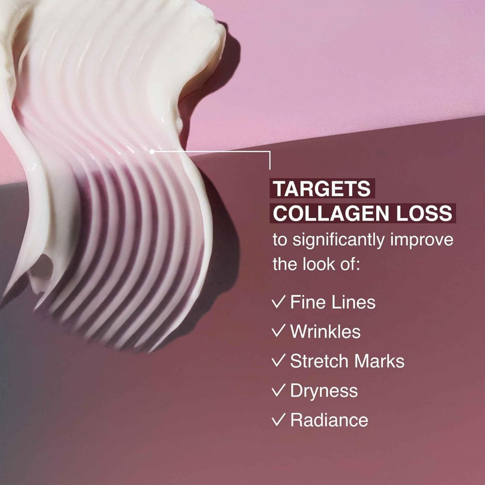 Anti-wrinkle cream texture with targets list for fine lines, wrinkles, and stretch marks