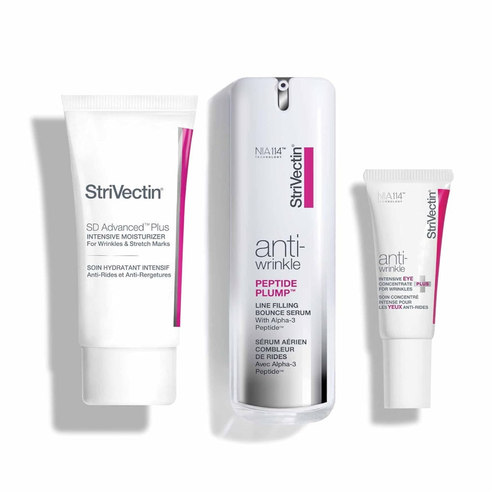 StriVectin anti-wrinkle trio: skincare bottles and tubes