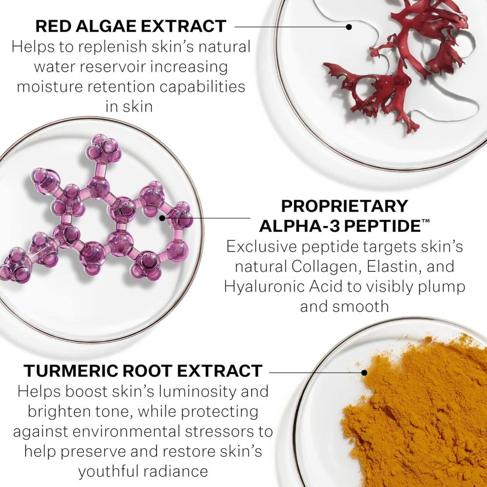 Skincare ingredient panel with red algae extract, alpha-3 peptide, and turmeric root extract