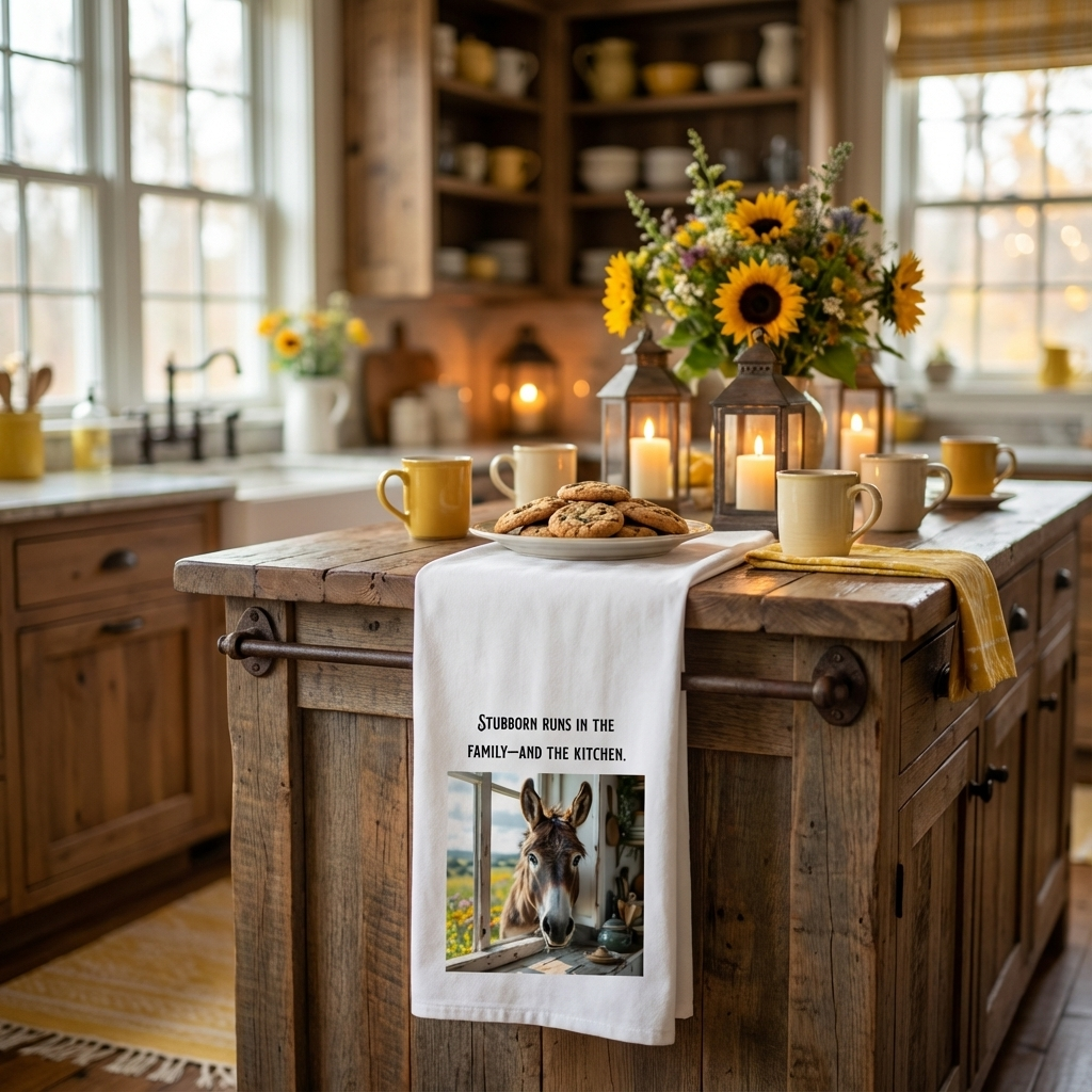 “Stubborn runs in the Family—and the Kitchen” Sassy Donkey themed tea towel.