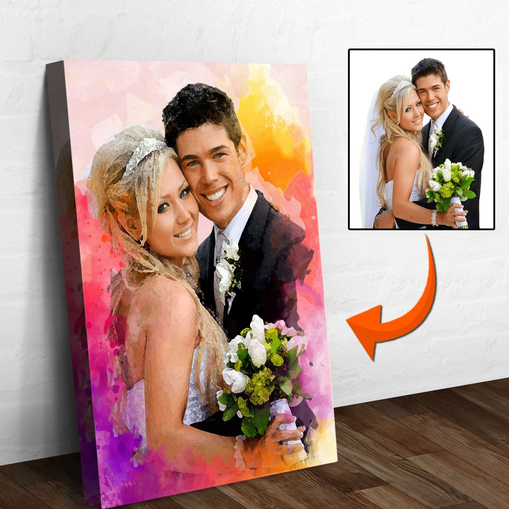 Watercolor couple canvas print with inset photo and curved arrow