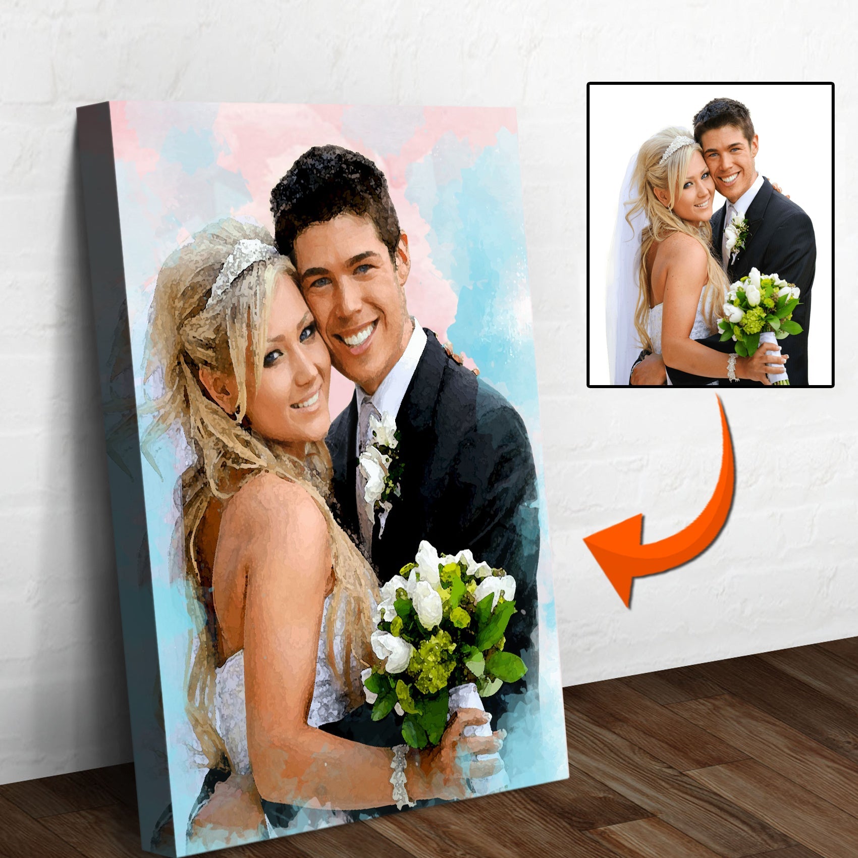 Watercolor couple canvas print with soft blue-toned painted background