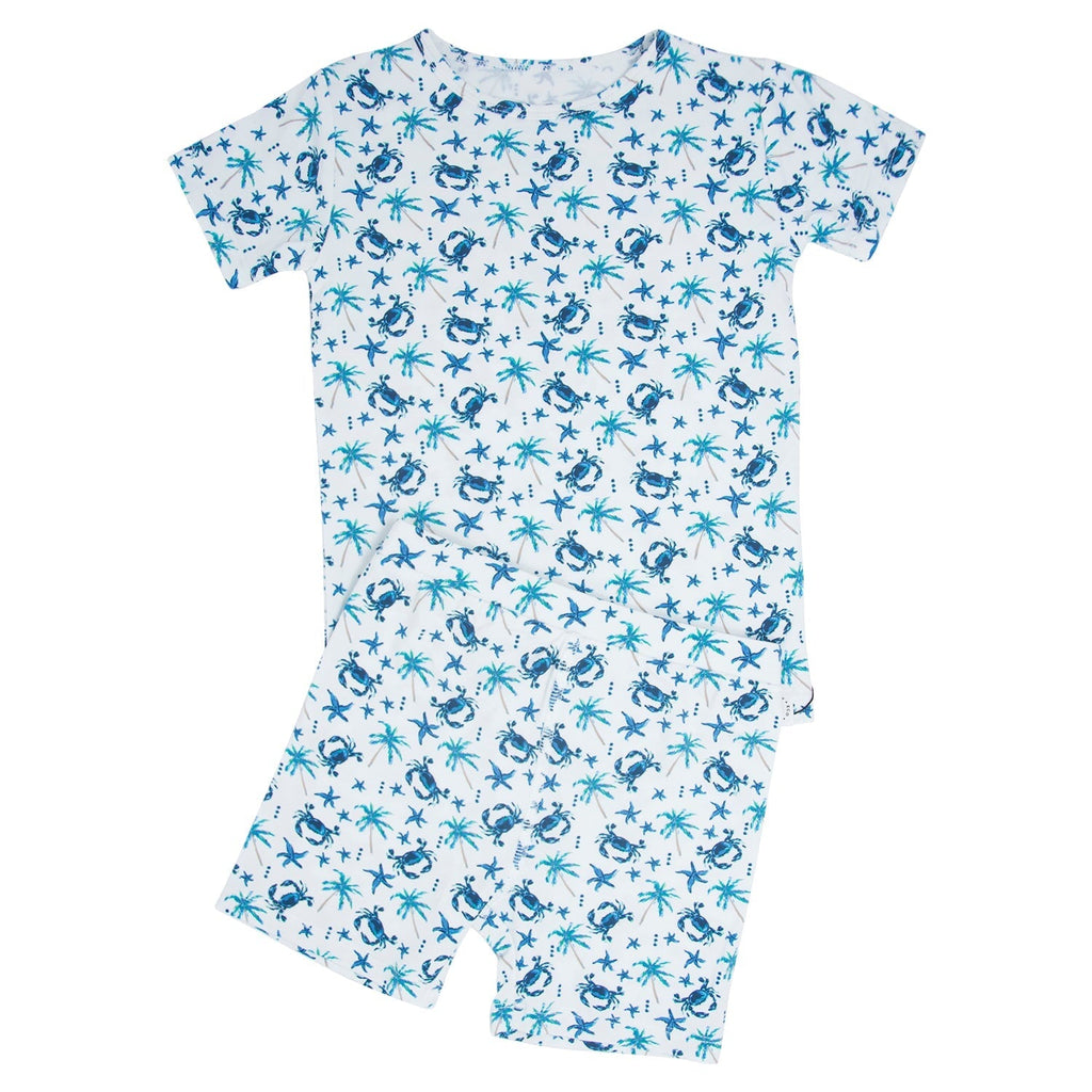 Short pajama set with crewneck T-shirt and matching shorts, white blue sea print
