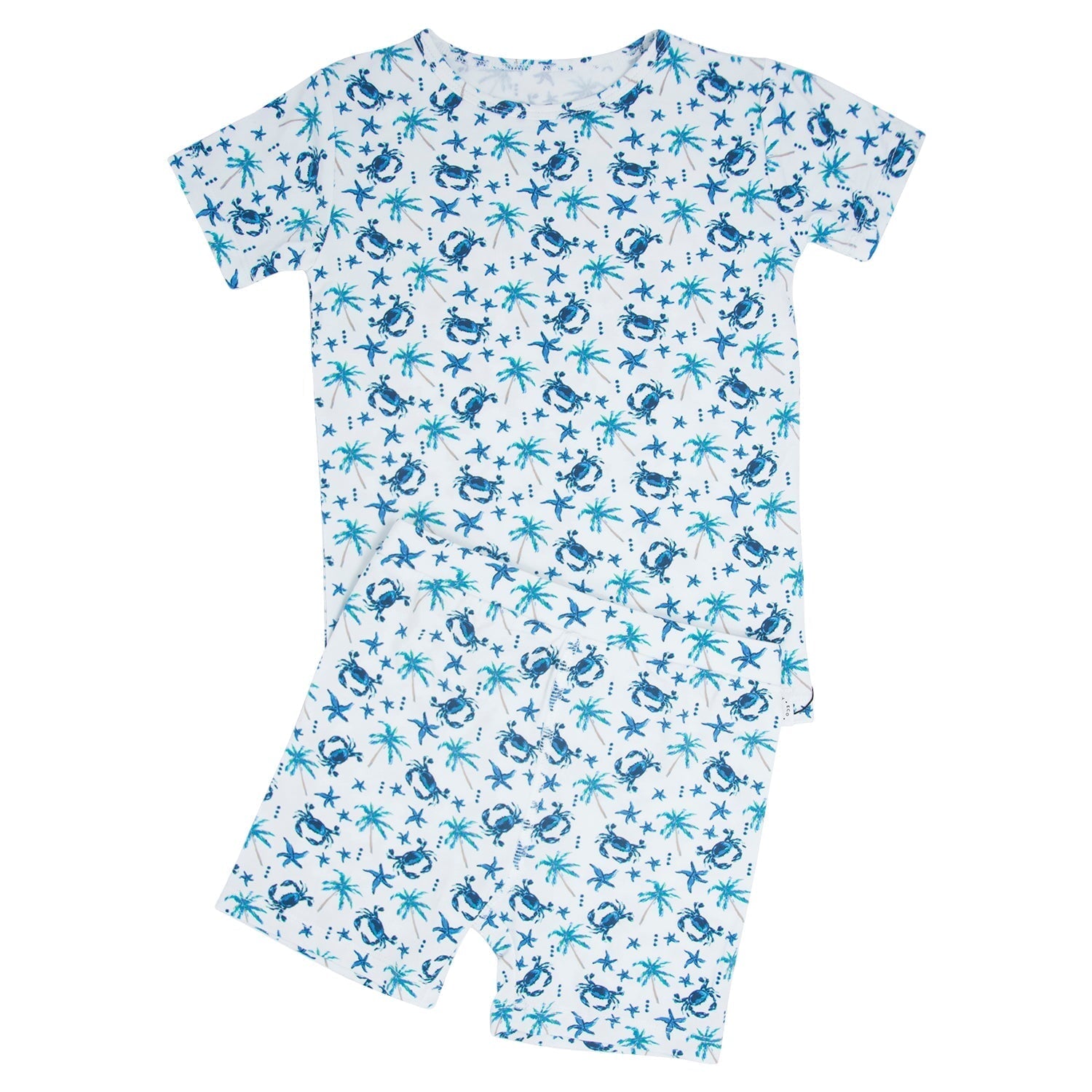 Short pajama set with crewneck T-shirt and matching shorts, white blue sea print
