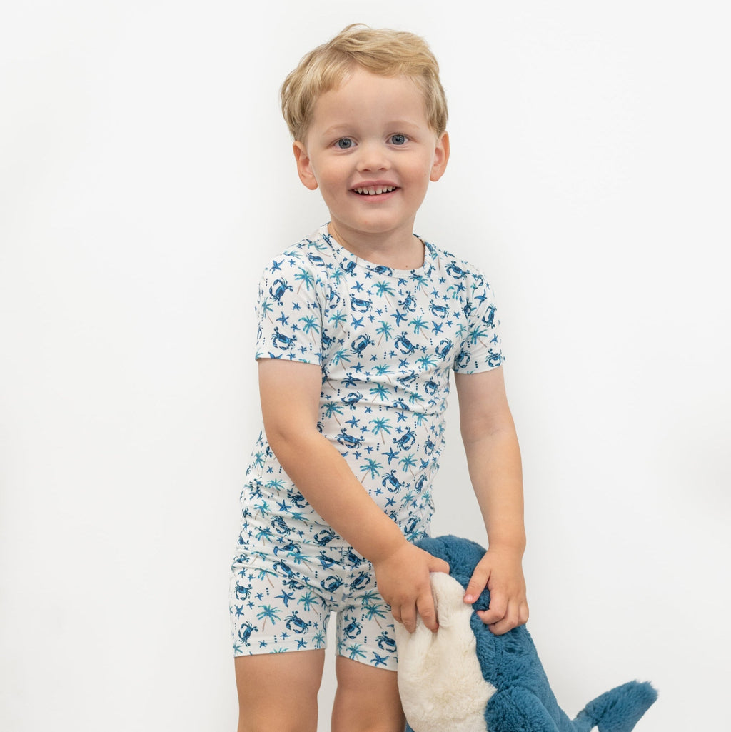 Boys short pajama set, white with blue sea critter pattern