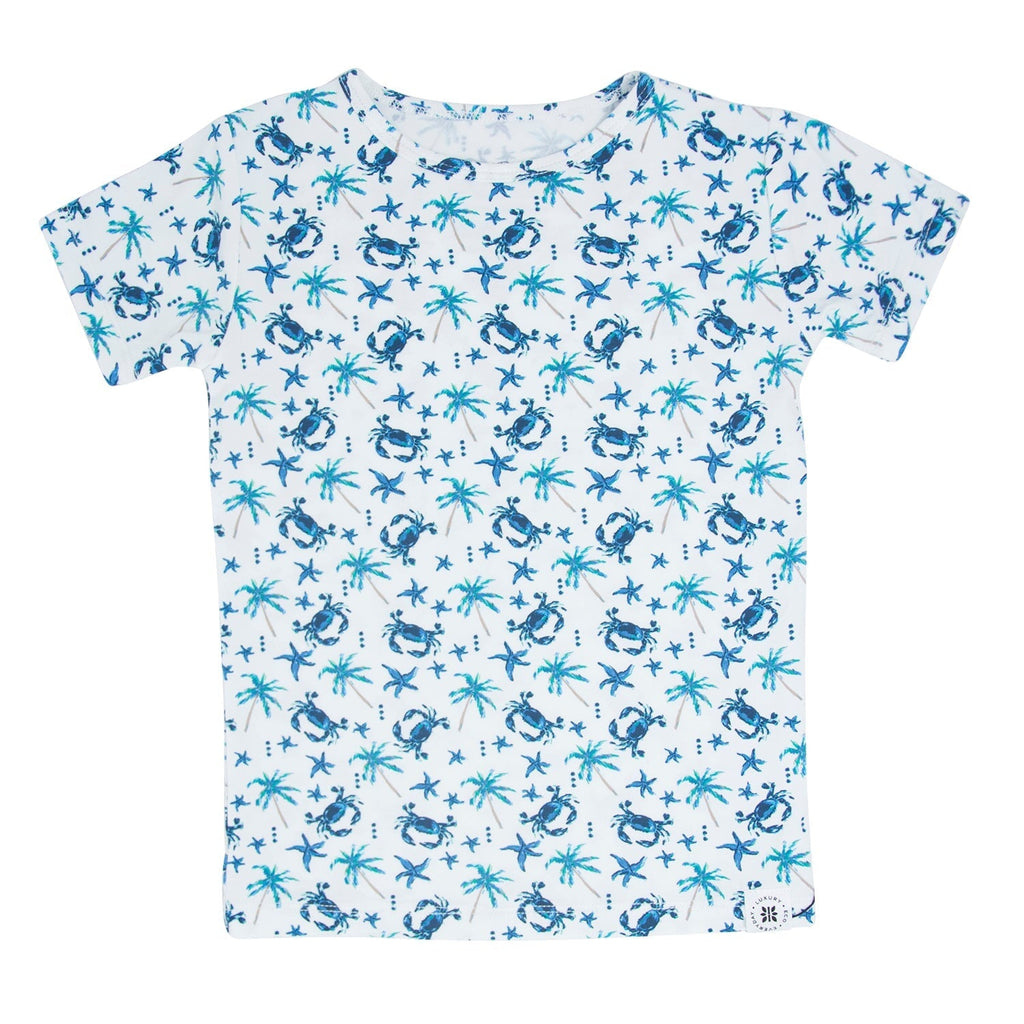 Boys short sleeve pajama shirt, white with blue sea critter and palm print