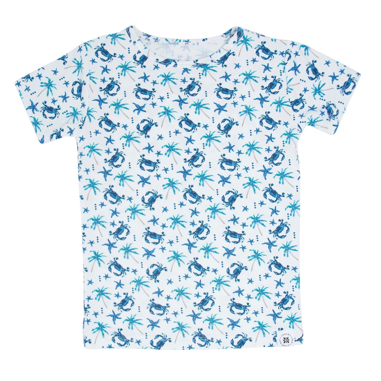 Boys short sleeve pajama shirt, white with blue sea critter and palm print