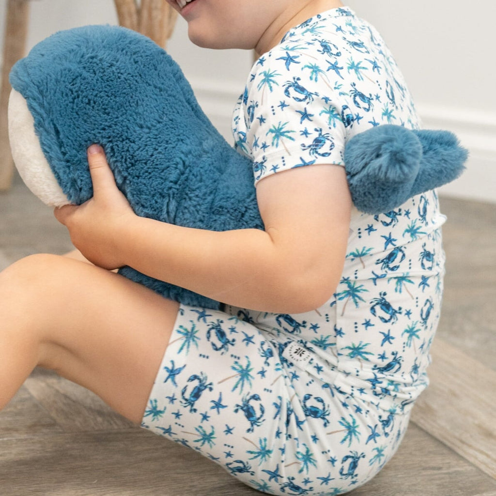 Boys short pajama set, white with blue sea critter and palm print