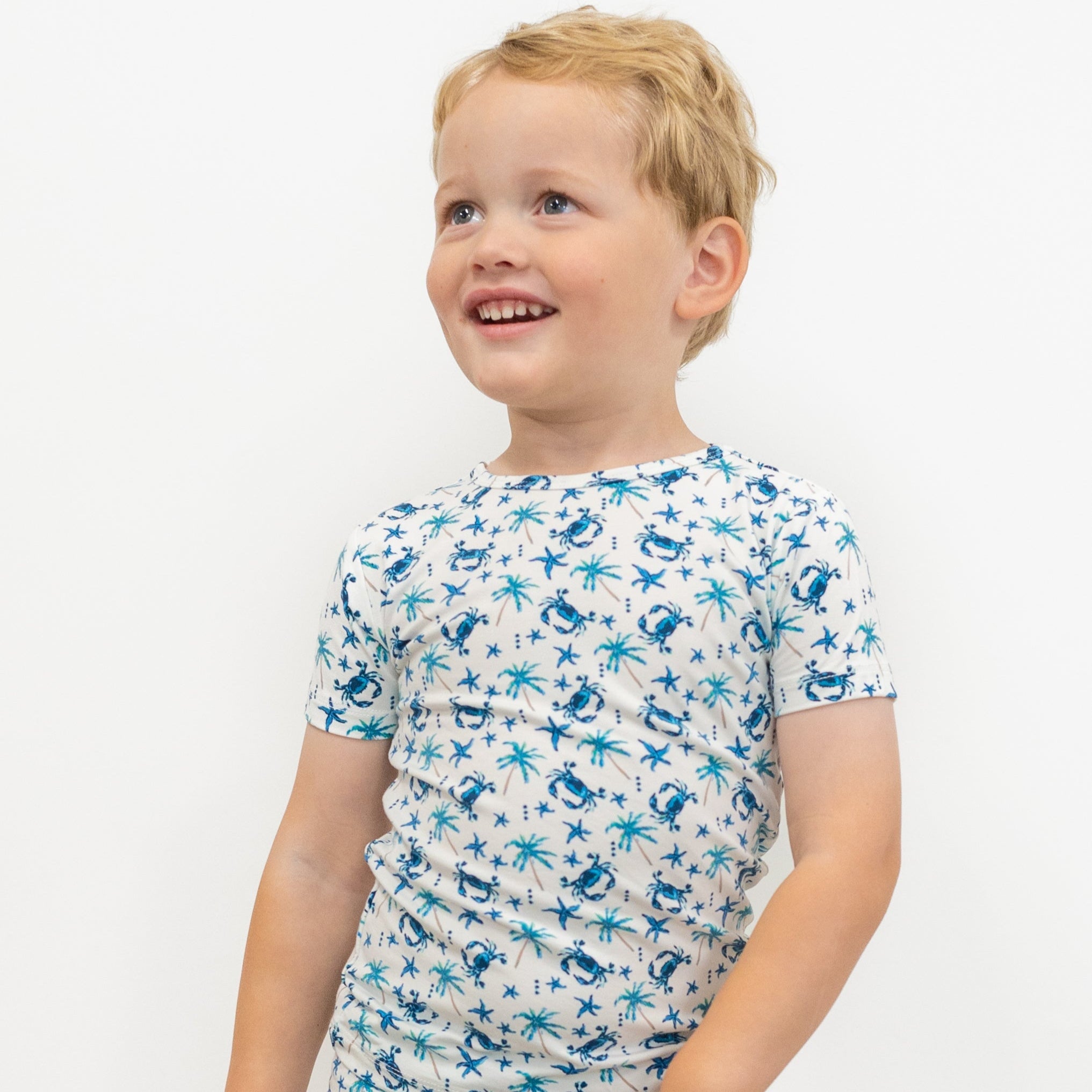 Boys toddler short pajama set, white with blue sea critter pattern