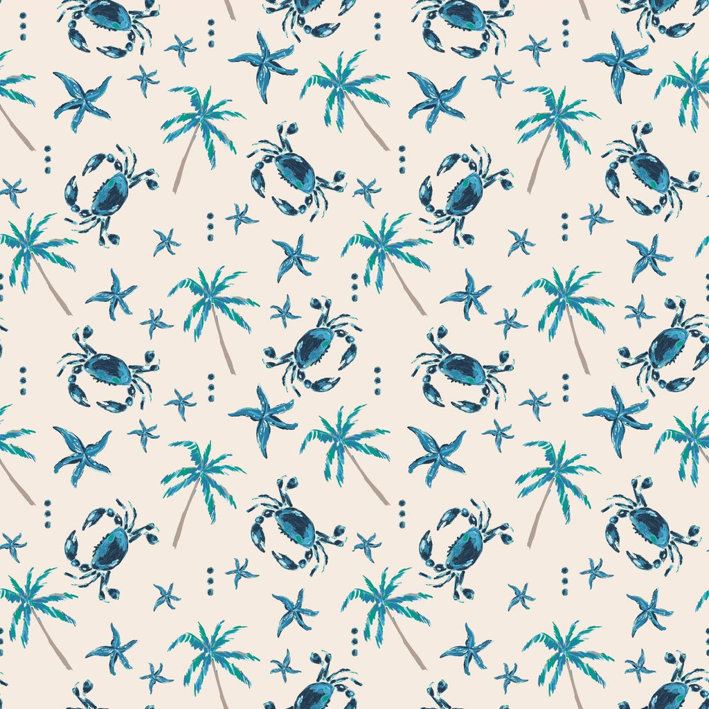 Seamless fabric pattern of blue crabs, palms and sea critters on white
