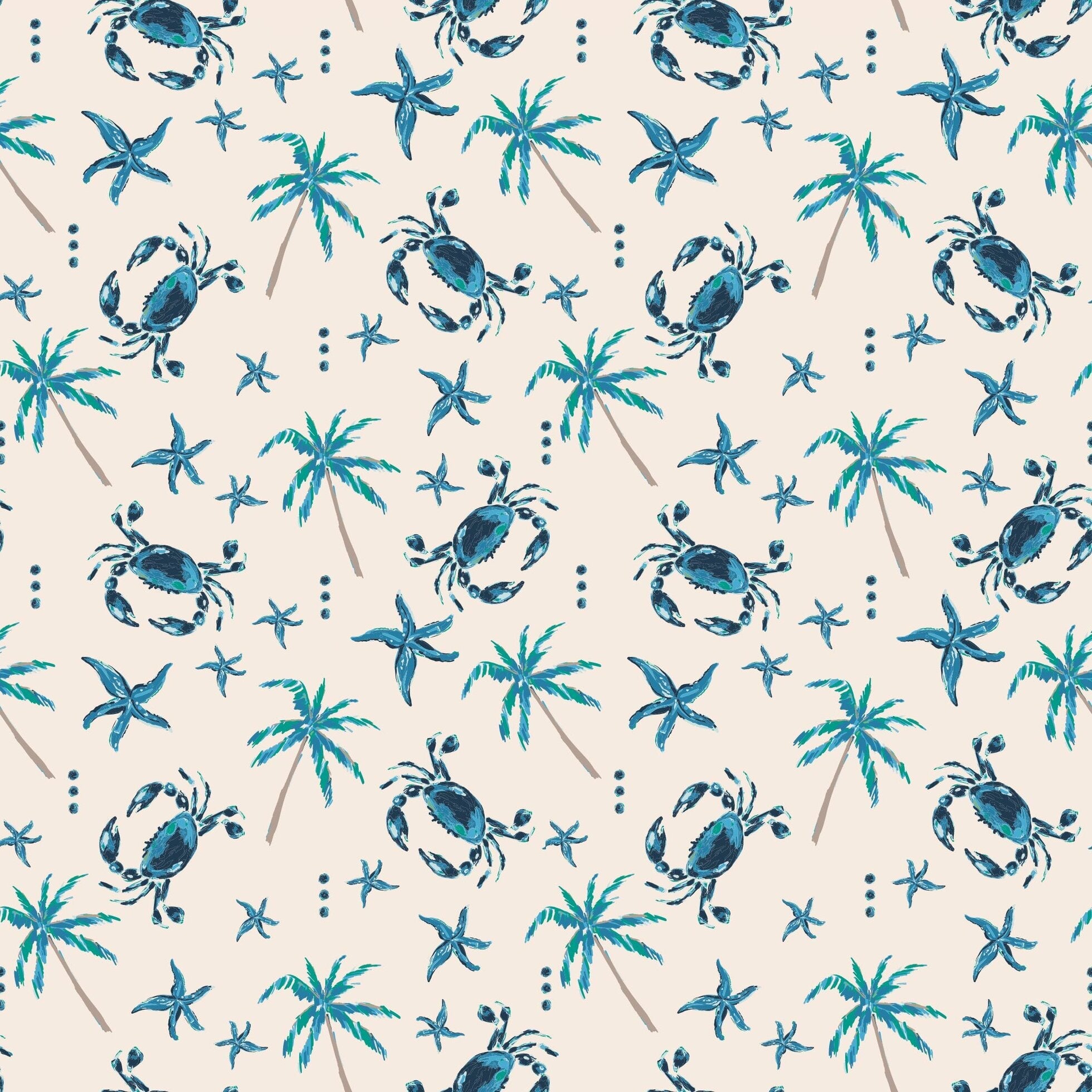 Seamless fabric pattern of blue crabs, palms and sea critters on white