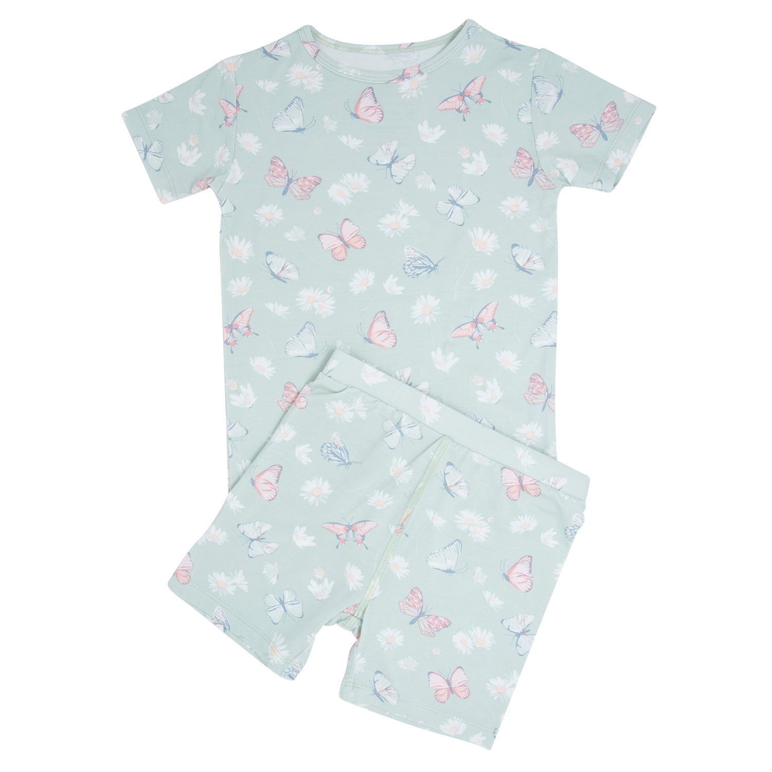 Girls mint butterfly and daisy bamboo pajama set, short-sleeve top and matching shorts