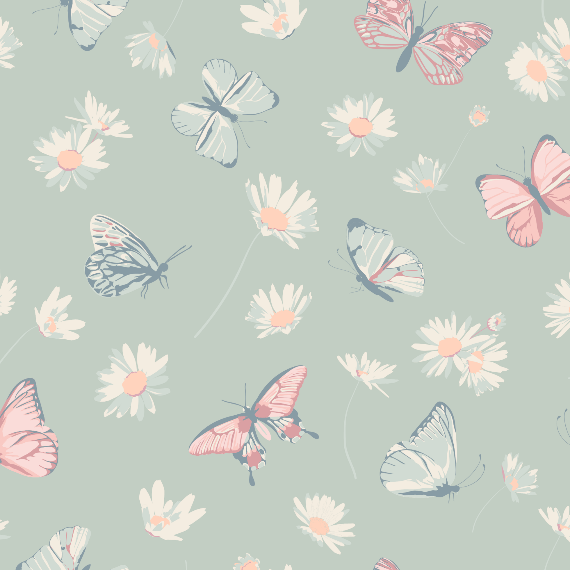 Mint fabric pattern with butterflies and daisies in pink, blue, and white