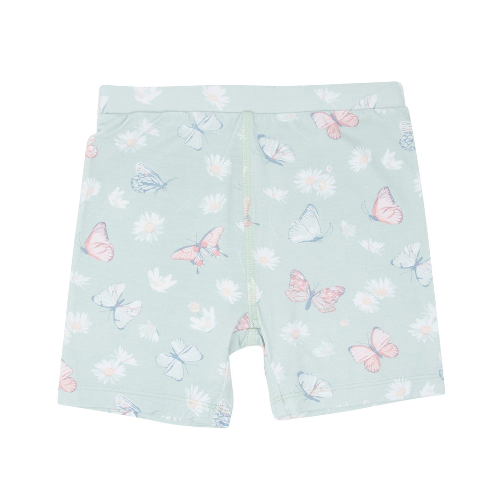 Girls mint pajama shorts with elastic waist and butterfly and daisy allover print