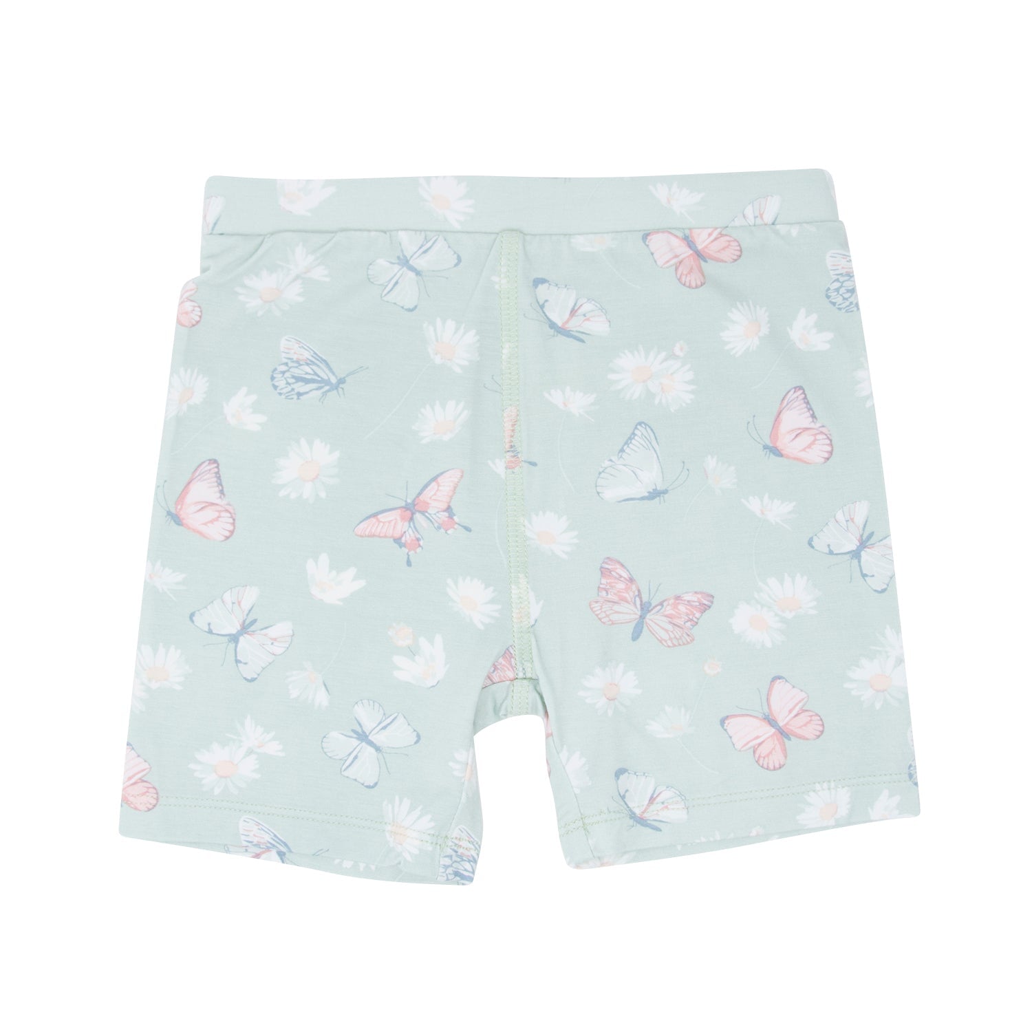 Girls mint pajama shorts with elastic waist and butterfly and daisy allover print