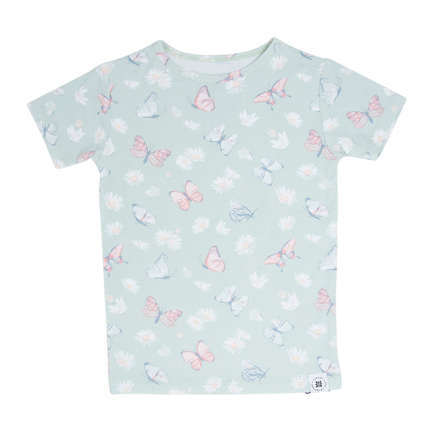 Girls mint short-sleeve pajama top with butterfly and daisy allover print
