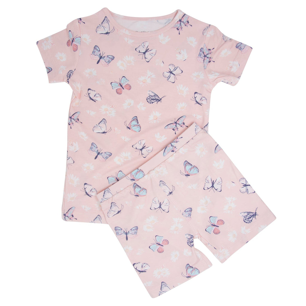 Girls' pink bamboo pajama set with butterfly print, short-sleeve top and shorts