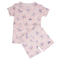 Girls' pink bamboo pajama set with butterfly print, short-sleeve top and shorts