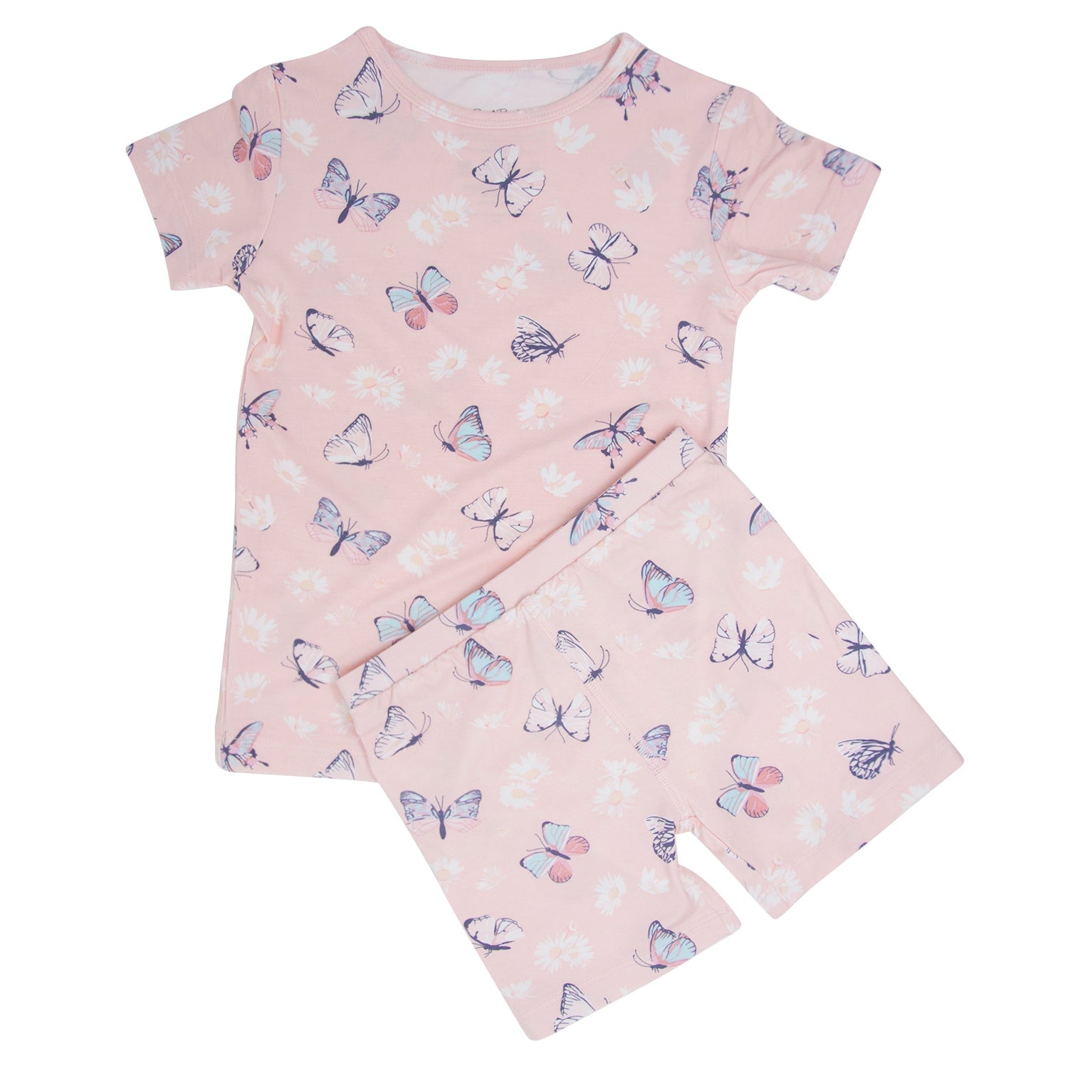 Girls' pink bamboo pajama set with butterfly print, short-sleeve top and shorts