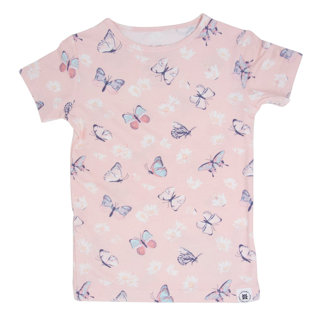 Girls' pink bamboo pajama top with butterfly and flower print, short sleeves