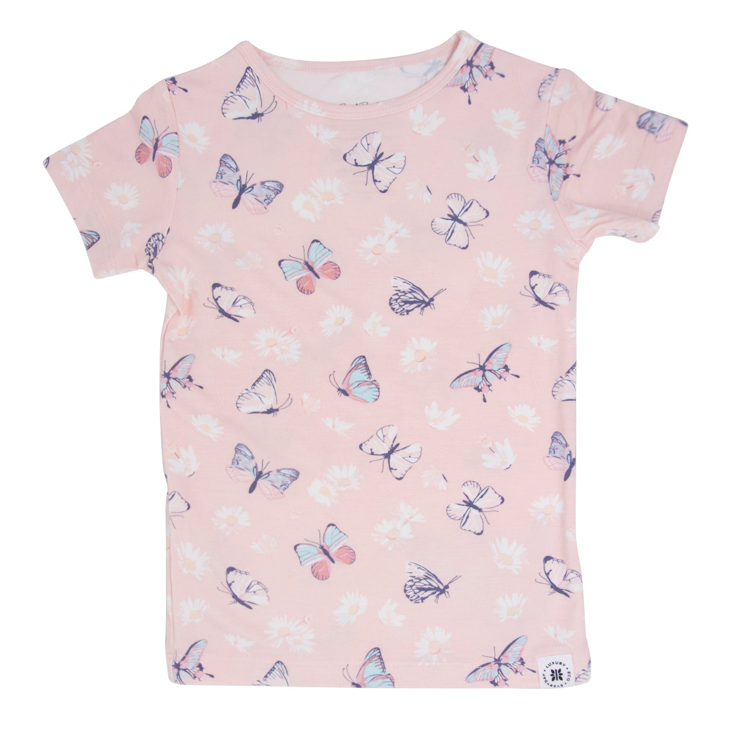 Girls' pink bamboo pajama top with butterfly and flower print, short sleeves