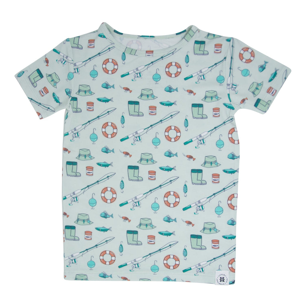 Boys short-sleeve pajama top with light blue fishing print