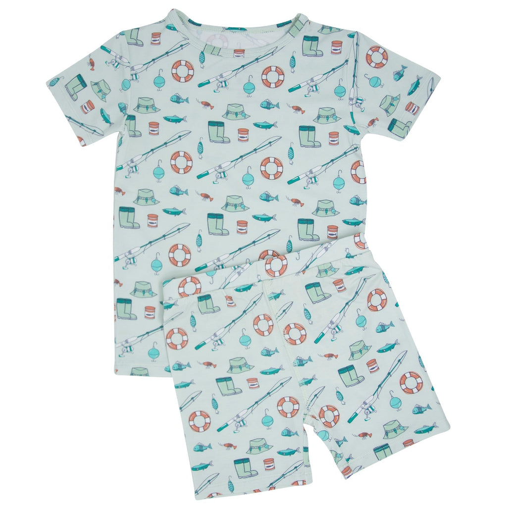 Boys short pajamas with light blue fishing-themed pattern; T-shirt and boxer shorts