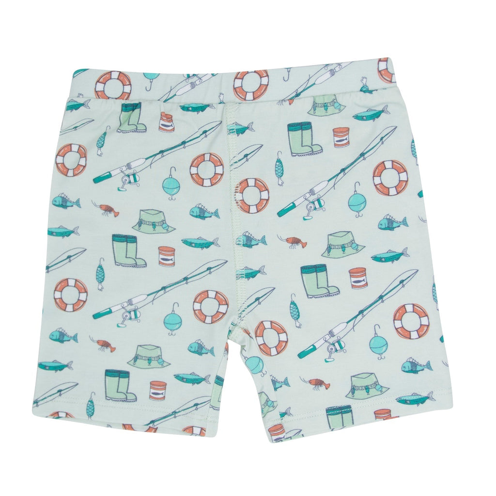 Boys pajama set with light blue fishing print; short-sleeve top and matching shorts