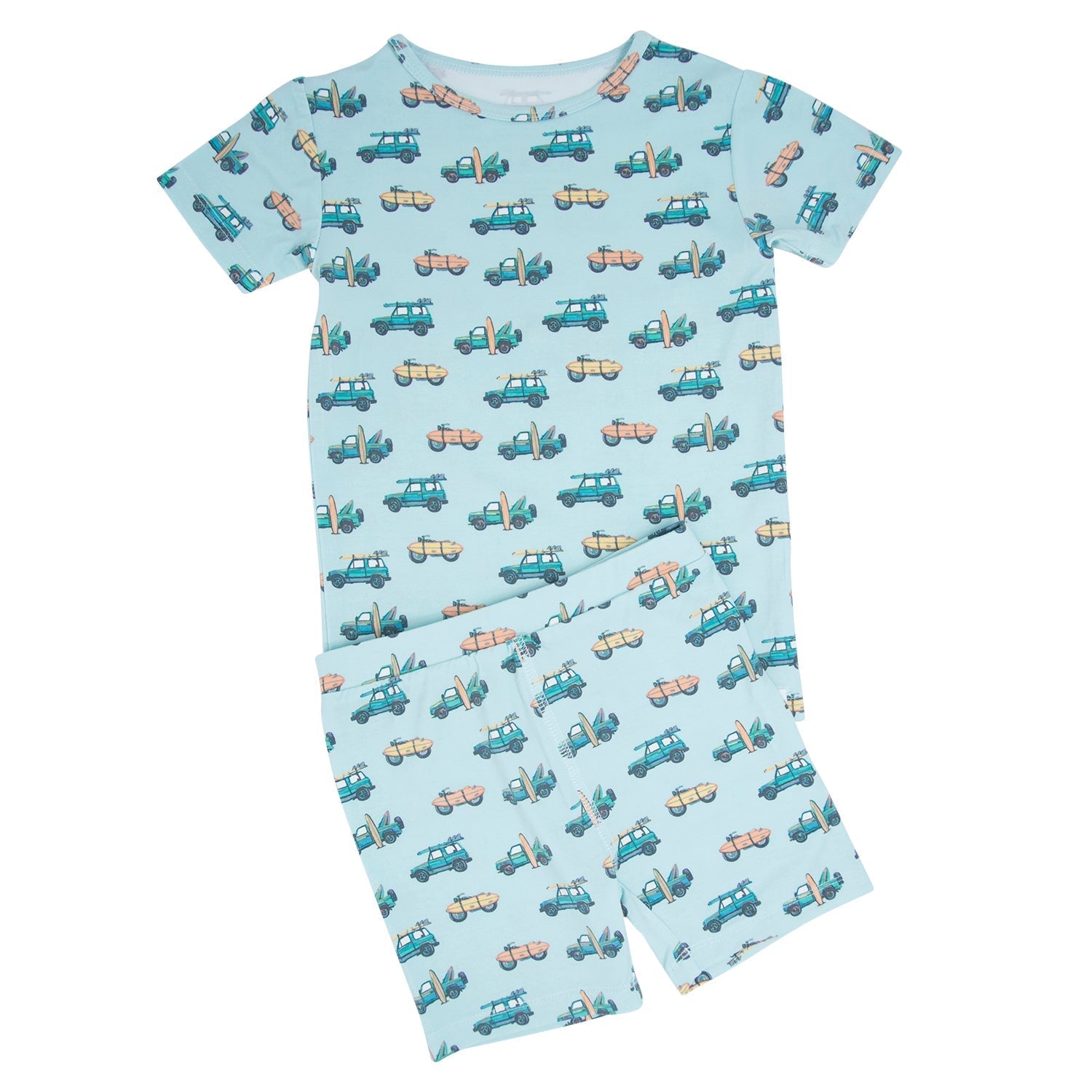 Boys light blue one-piece pajama with short sleeves and vehicle surf print