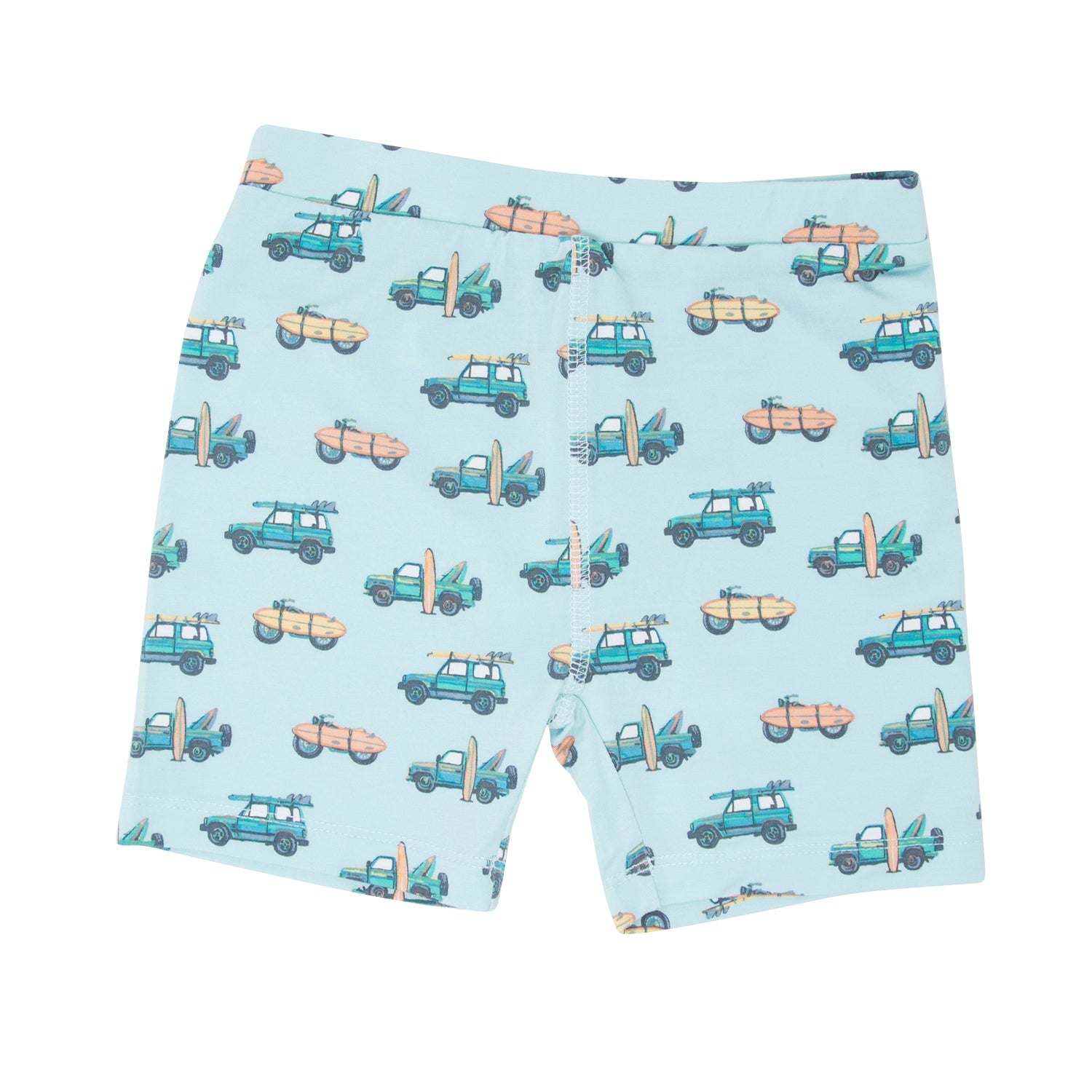 Light blue boys pajama shorts with allover vehicle and surf print