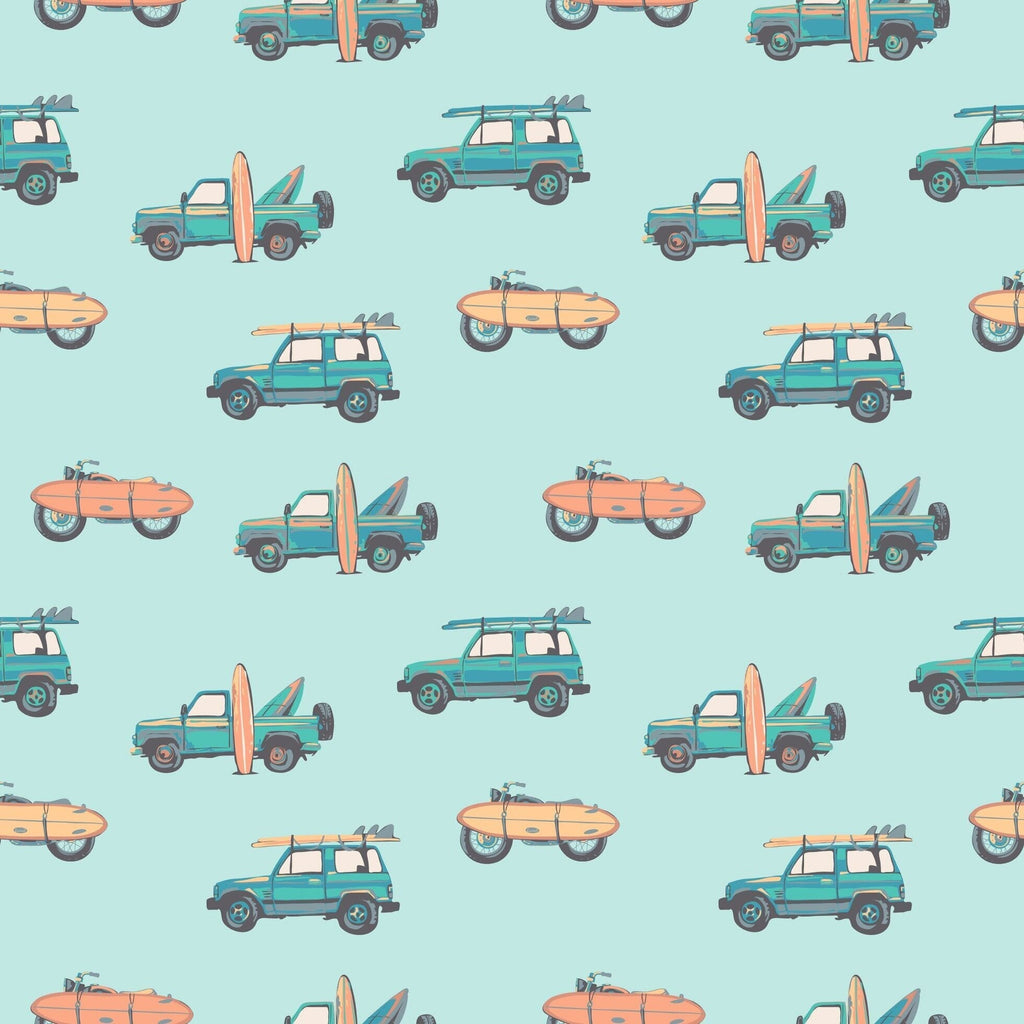 Light blue fabric swatch with repeating surfboard and vehicle cartoon print