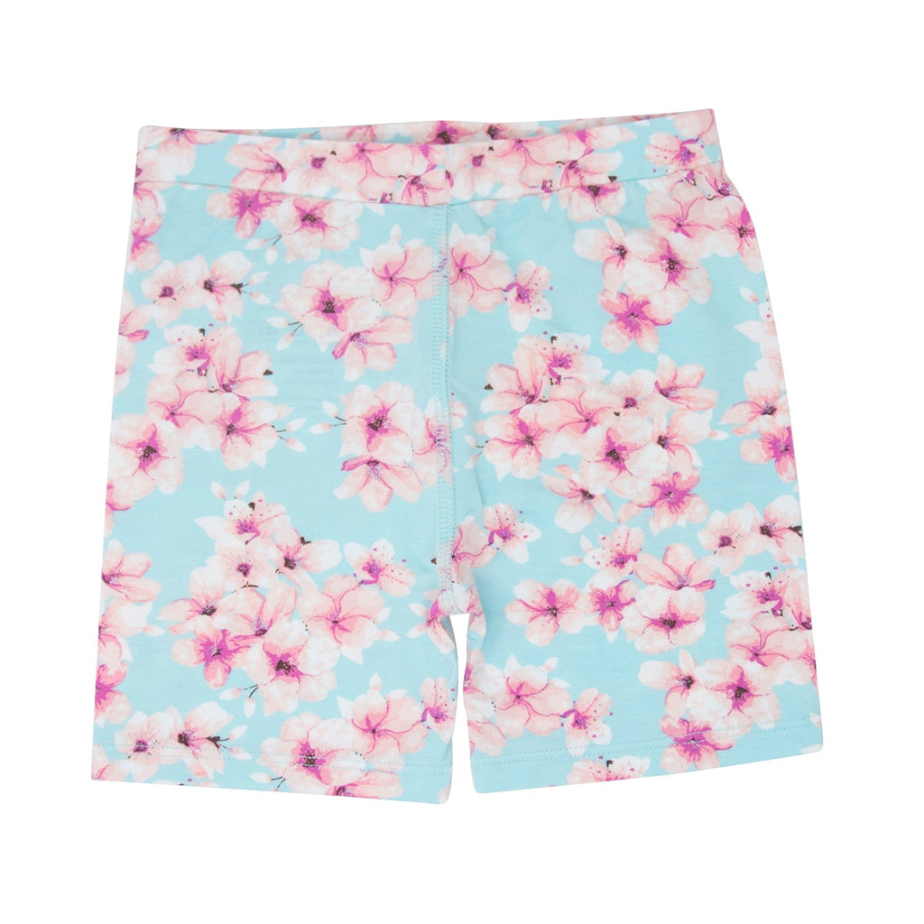 Girls' light blue floral pajama shorts with pink blossom print