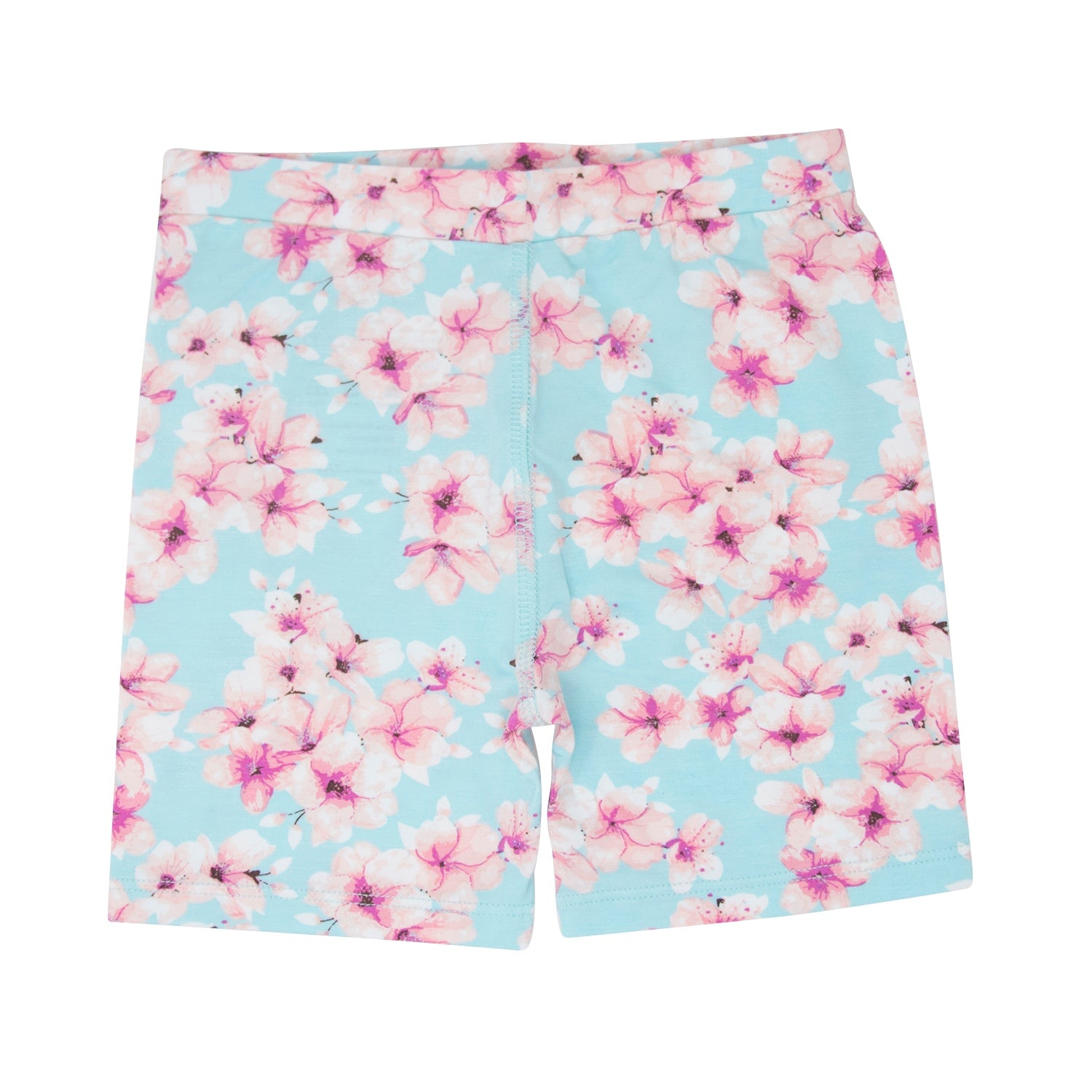 Girls' light blue floral pajama shorts with pink blossom print