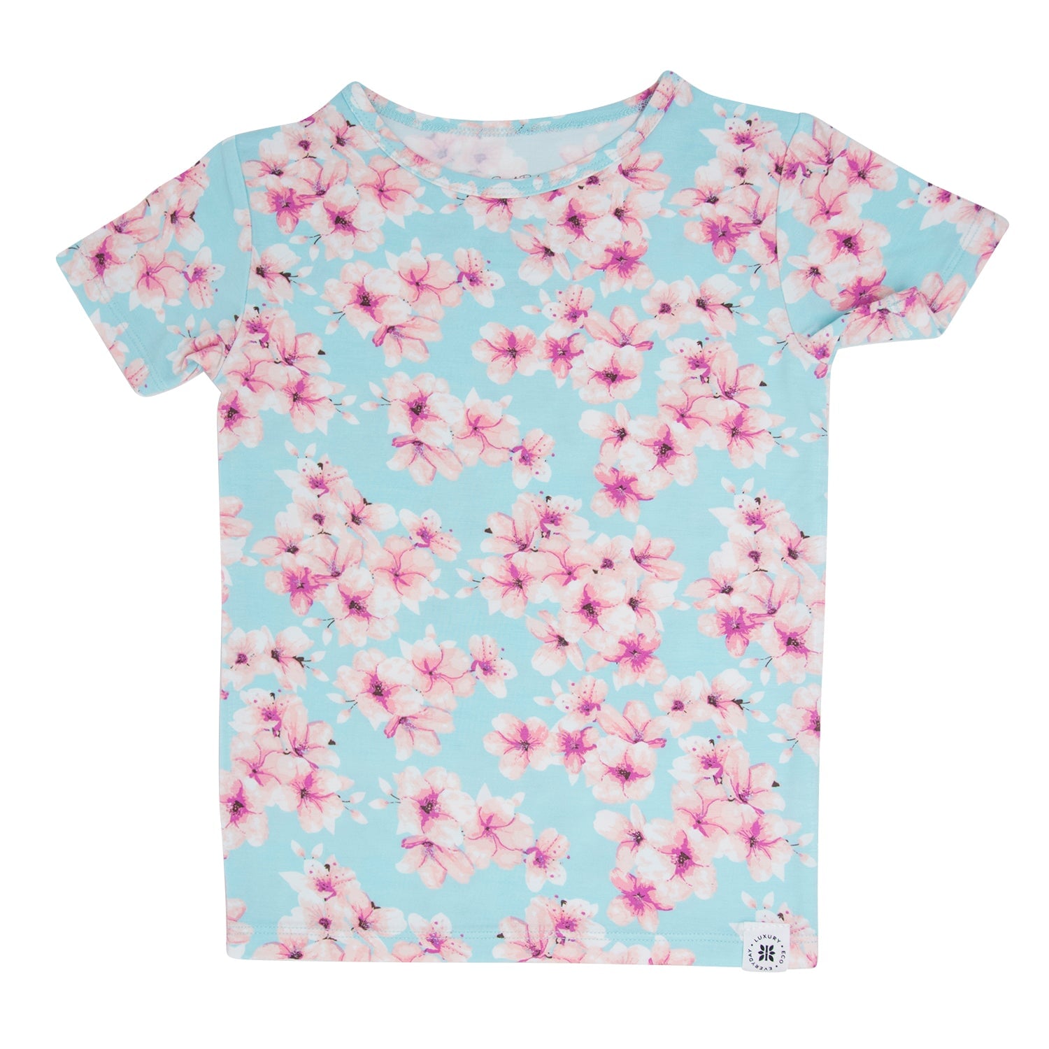 Girls' light blue floral sleep shirt with pink blossom print, short sleeves