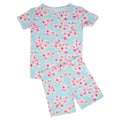 Girls' light blue floral pajama set with pink blossoms, short-sleeve top and shorts
