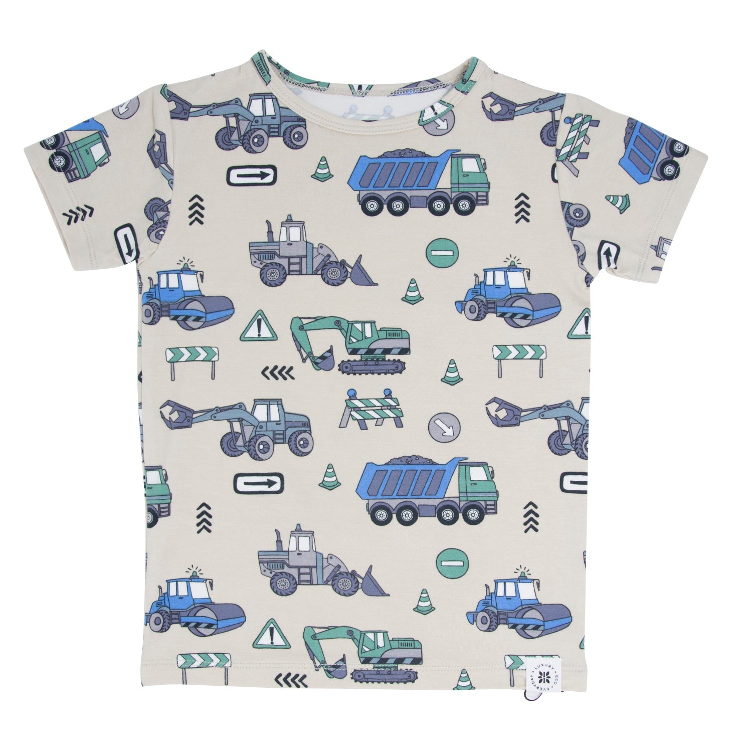 Short-sleeve kids pajama top with construction vehicle pattern, crew neck, light background